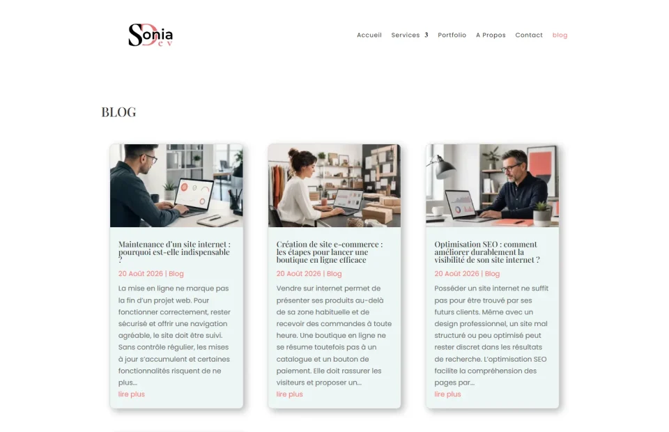Page blog de SoniaDev présentant les quatre articles rédigés