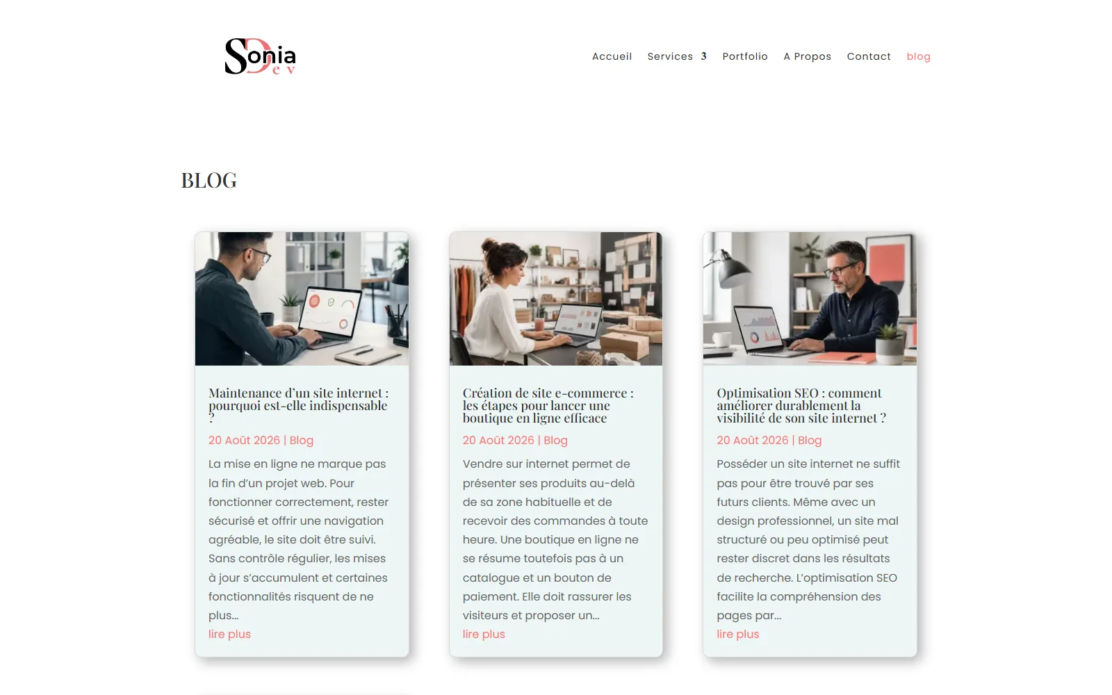 Page blog de SoniaDev présentant les quatre articles rédigés